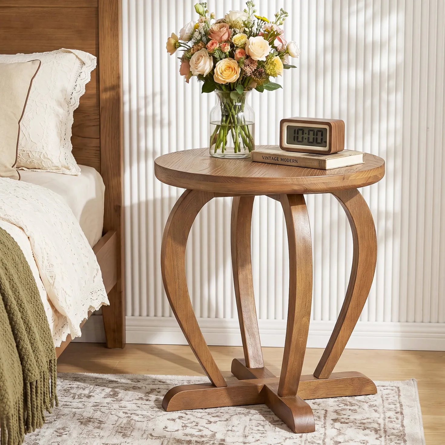 Solid Wood Round End Table, Accent Side Table with Curved Base for Living Room
