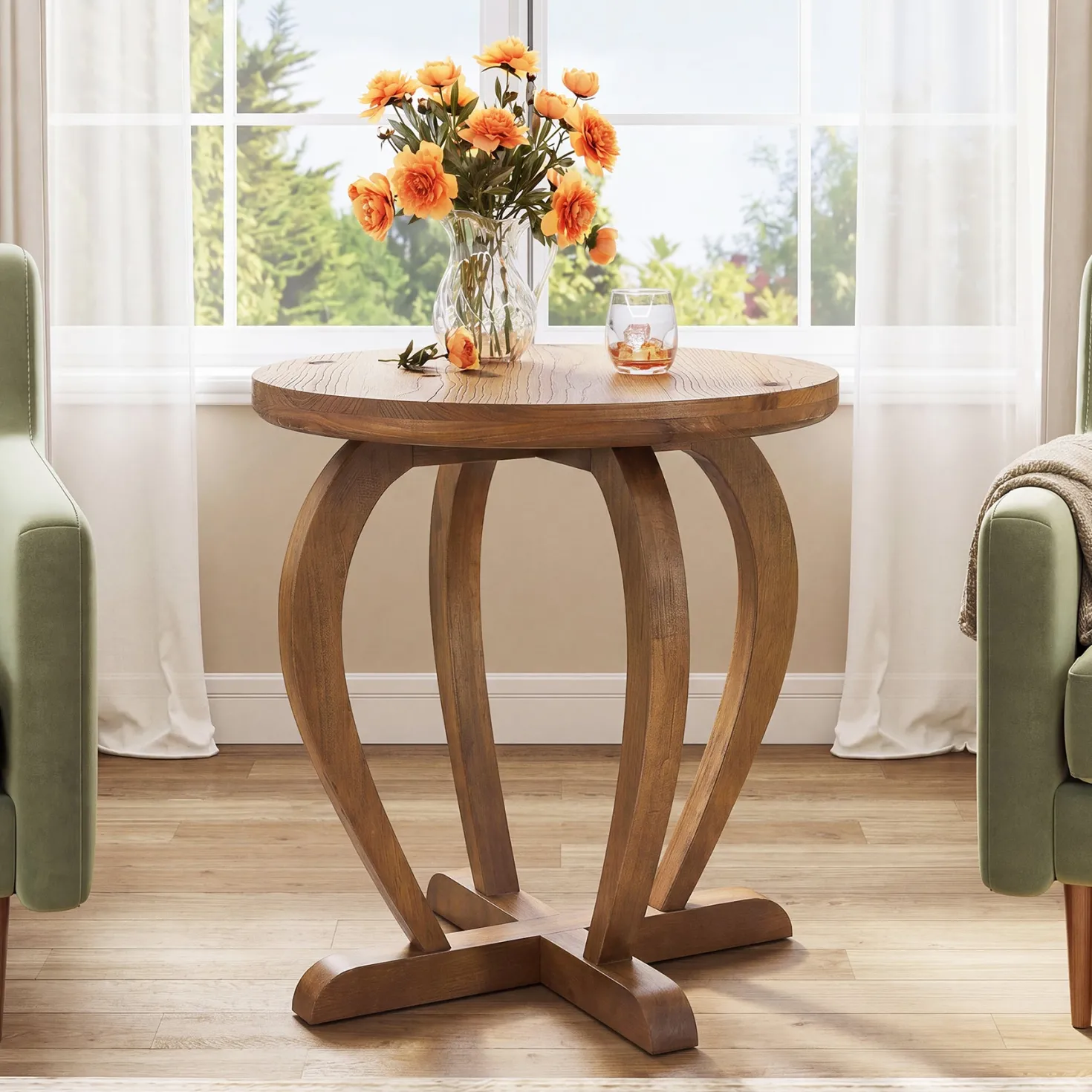 Solid Wood Round End Table, Accent Side Table with Curved Base for Living Room