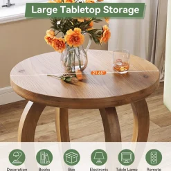 Solid Wood Round End Table, Accent Side Table with Curved Base for Living Room