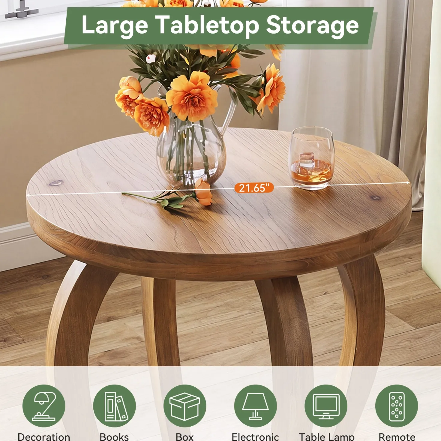 Solid Wood Round End Table, Accent Side Table with Curved Base for Living Room