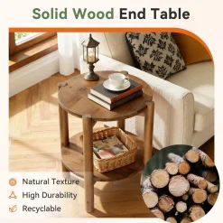 Solid Wood Round End Table, 2-Tier Small Side Table with Storage Shelf