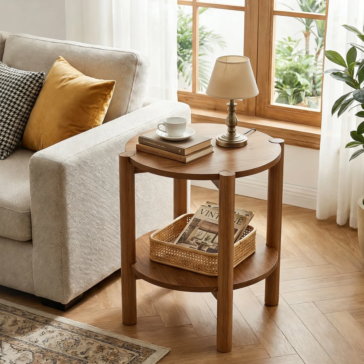 Solid Wood Round End Table, 2-Tier Small Side Table with Storage Shelf