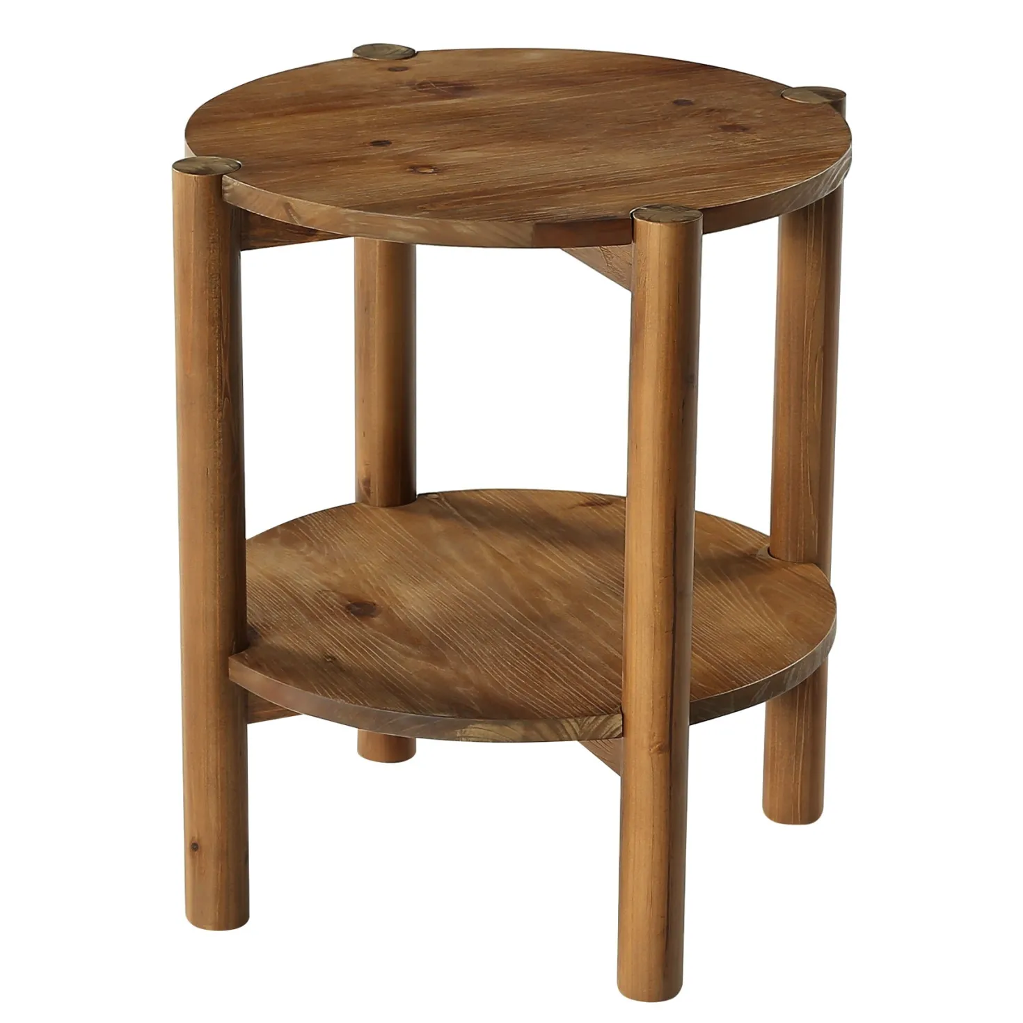 Solid Wood Round End Table, 2-Tier Small Side Table with Storage Shelf