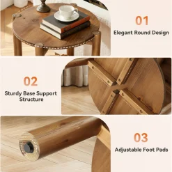 Solid Wood Round End Table, 2-Tier Small Side Table with Storage Shelf