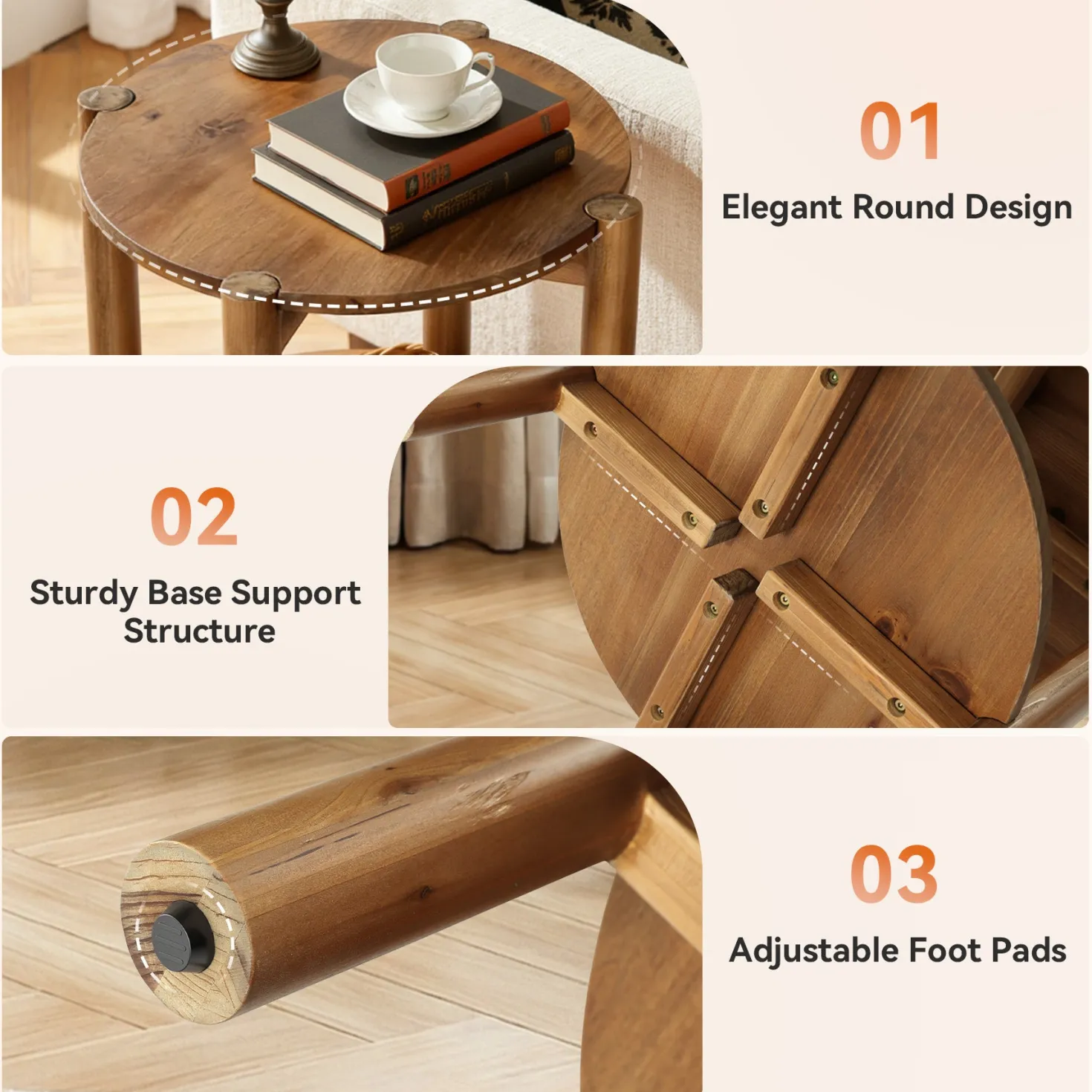 Solid Wood Round End Table, 2-Tier Small Side Table with Storage Shelf
