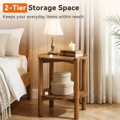 Solid Wood Round End Table, 2-Tier Small Side Table with Storage Shelf