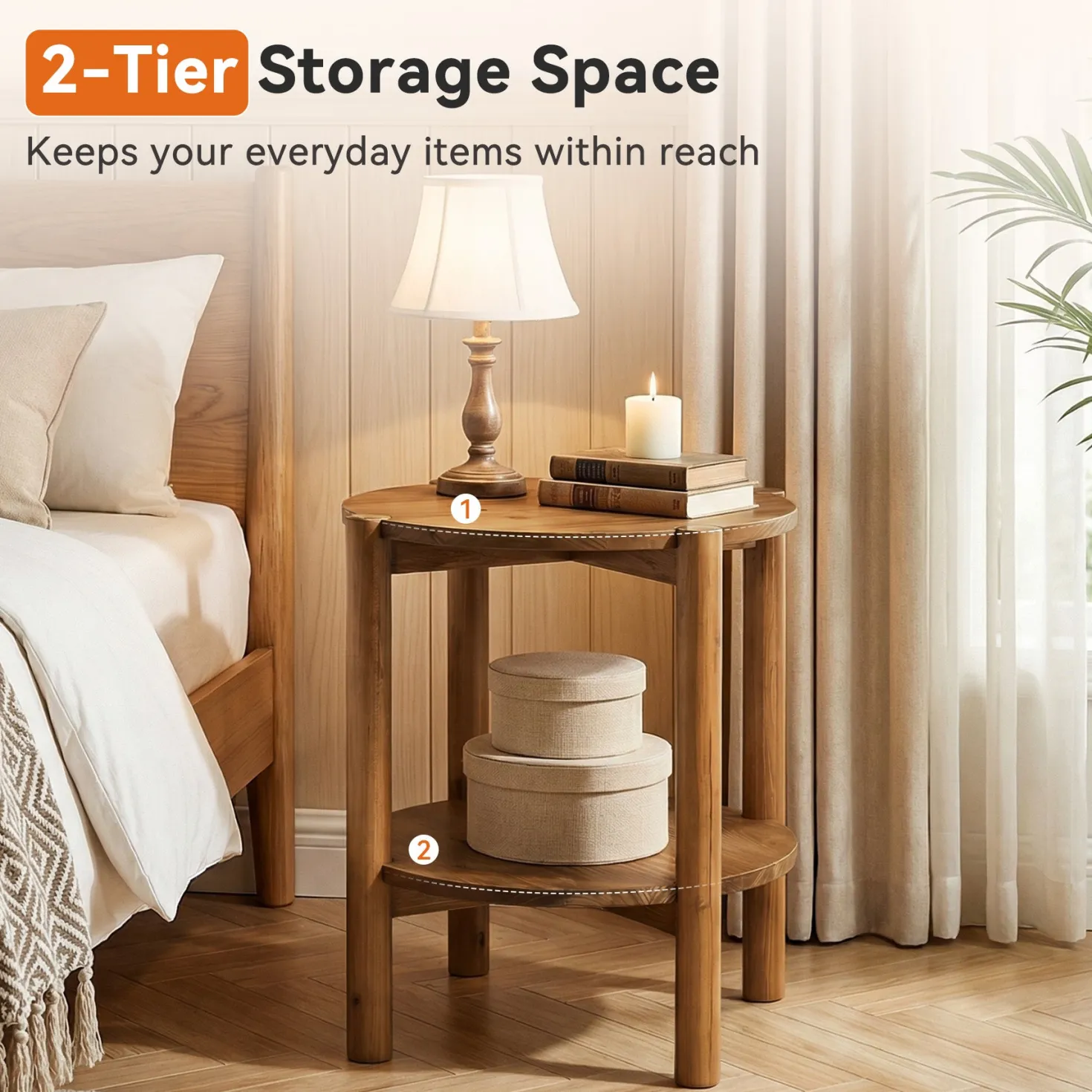 Solid Wood Round End Table, 2-Tier Small Side Table with Storage Shelf