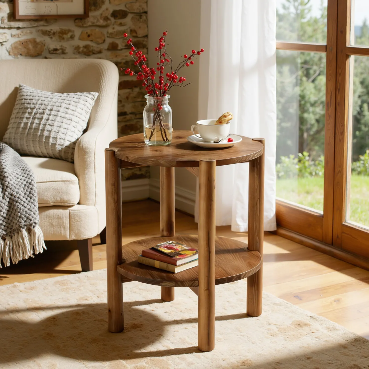 Solid Wood Round End Table, 2-Tier Small Side Table with Storage Shelf