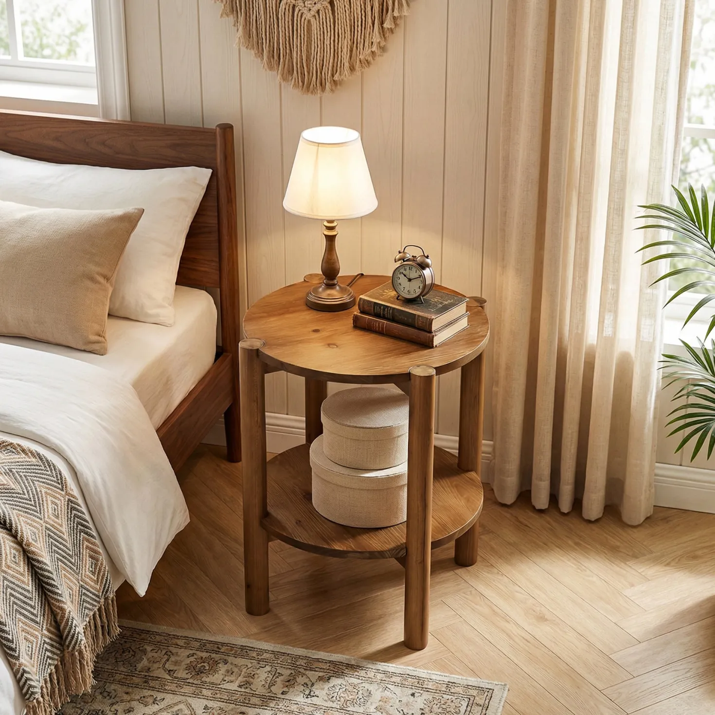 Solid Wood Round End Table, 2-Tier Small Side Table with Storage Shelf