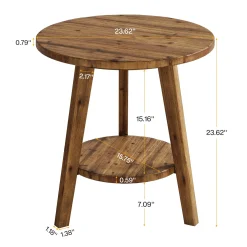 Solid Wood Round End Table, Farmhouse Sofa Side Table with Storage Shelf