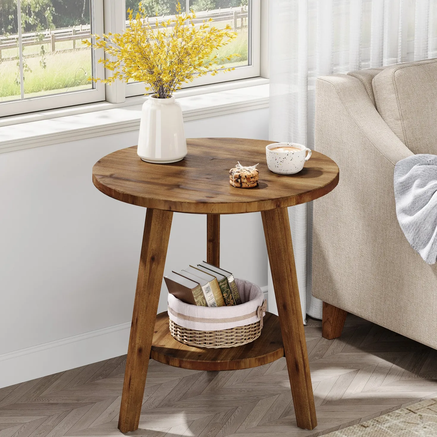 Solid Wood Round End Table, Farmhouse Sofa Side Table with Storage Shelf