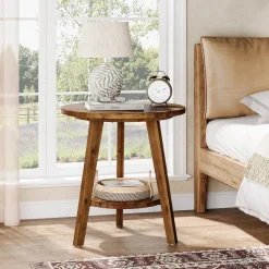 Solid Wood Round End Table, Farmhouse Sofa Side Table with Storage Shelf