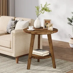 Solid Wood Round End Table, Farmhouse Sofa Side Table with Storage Shelf