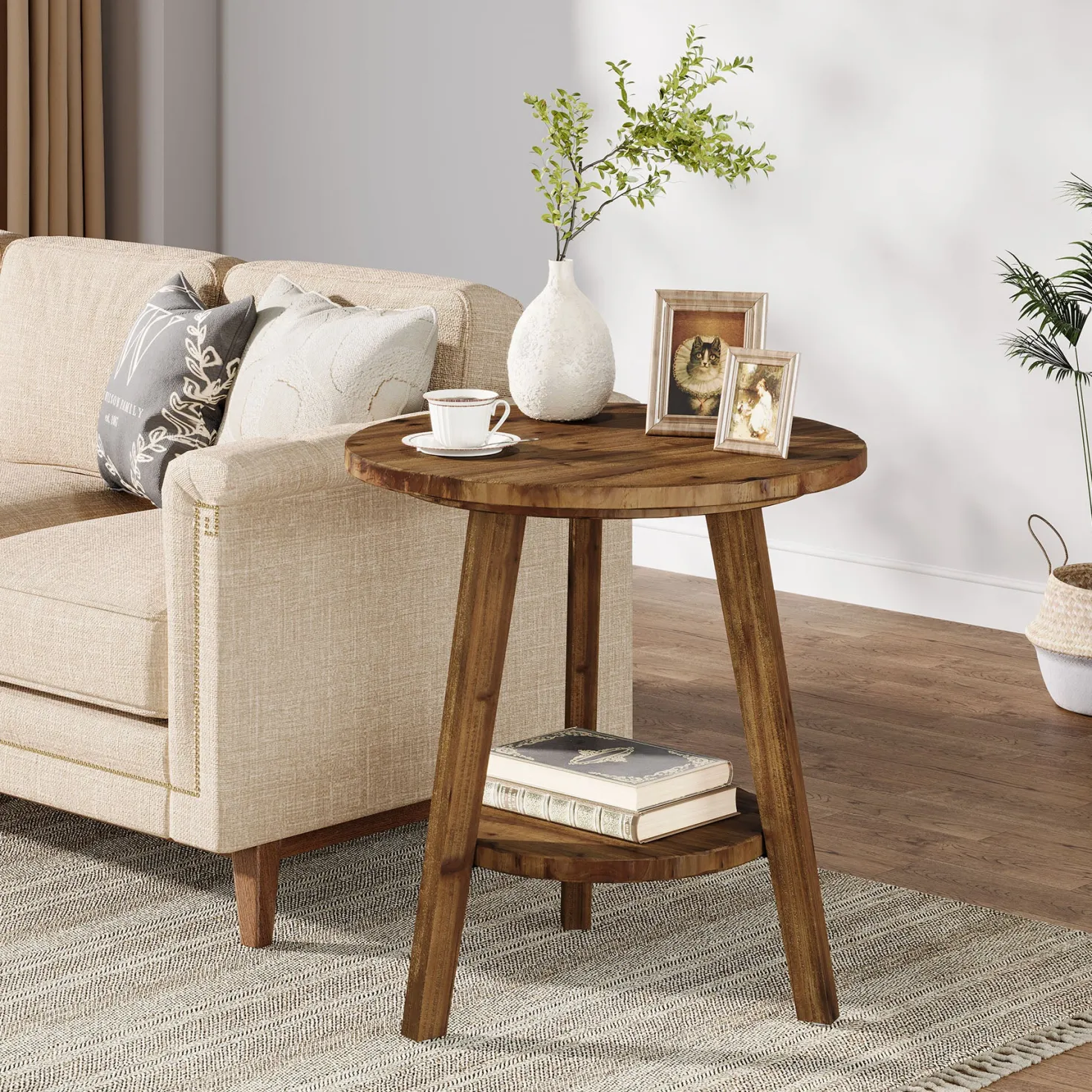 Solid Wood Round End Table, Farmhouse Sofa Side Table with Storage Shelf