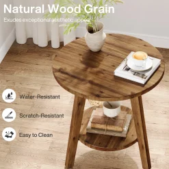 Solid Wood Round End Table, Farmhouse Sofa Side Table with Storage Shelf