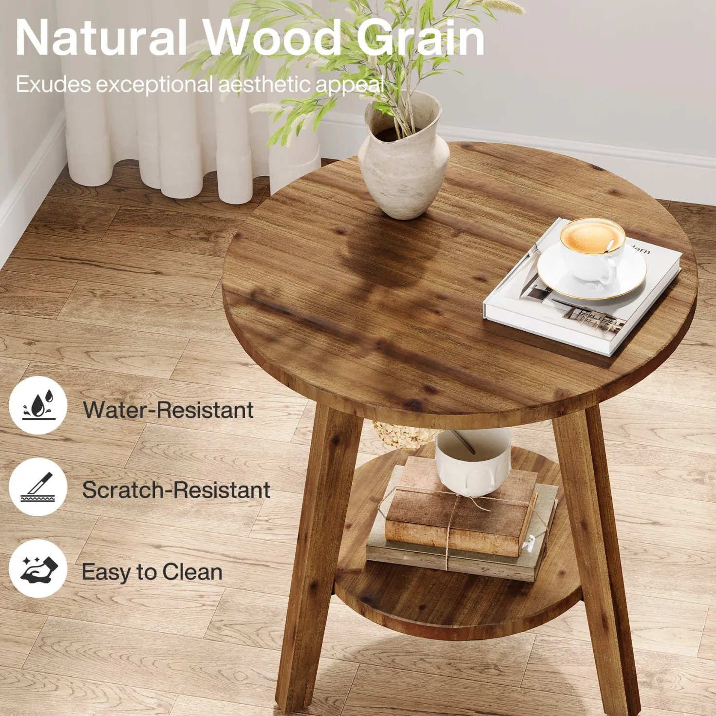 Solid Wood Round End Table, Farmhouse Sofa Side Table with Storage Shelf