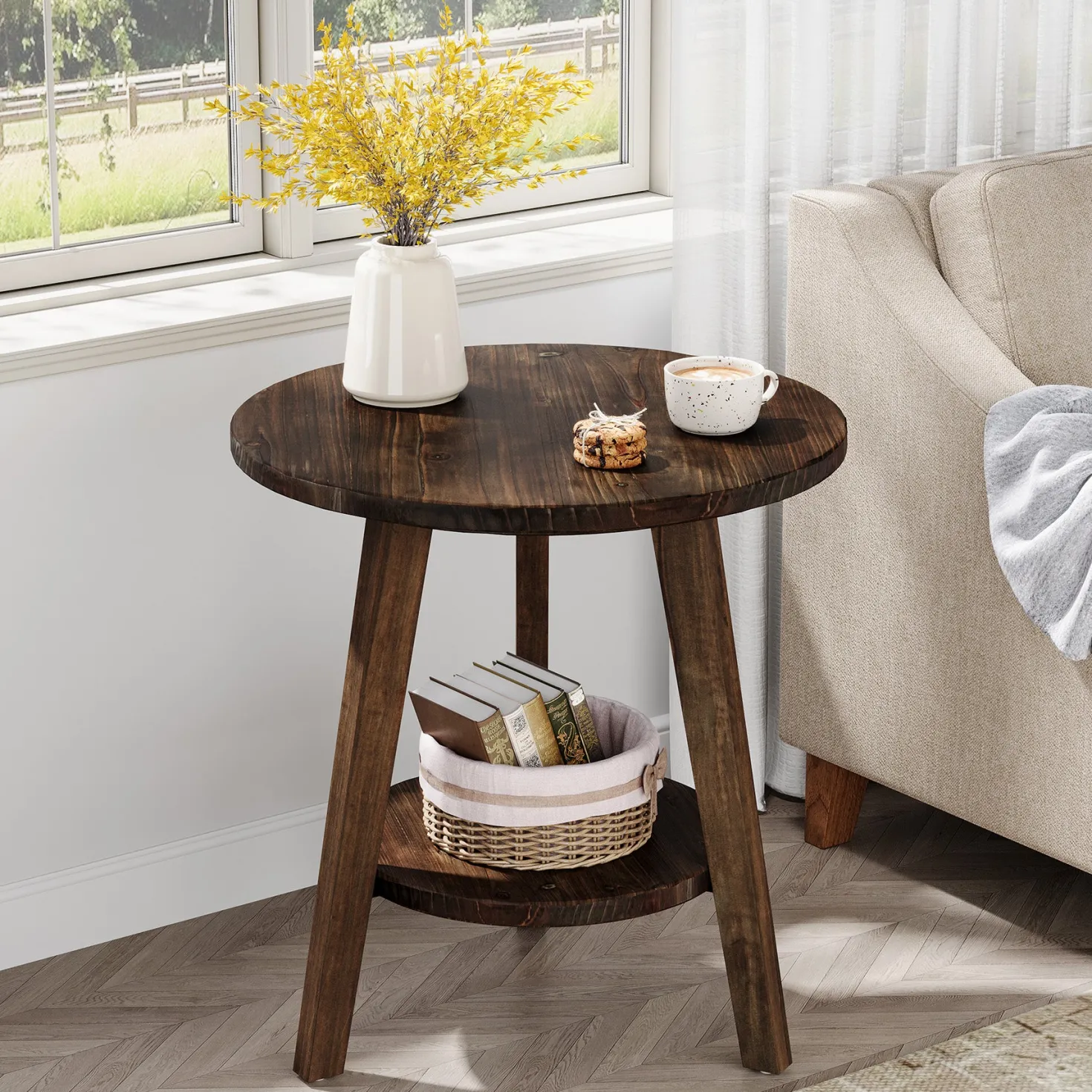 Solid Wood Round End Table, Farmhouse Sofa Side Table with Storage Shelf
