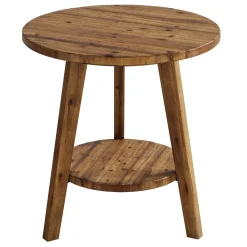 Solid Wood Round End Table, Farmhouse Sofa Side Table with Storage Shelf