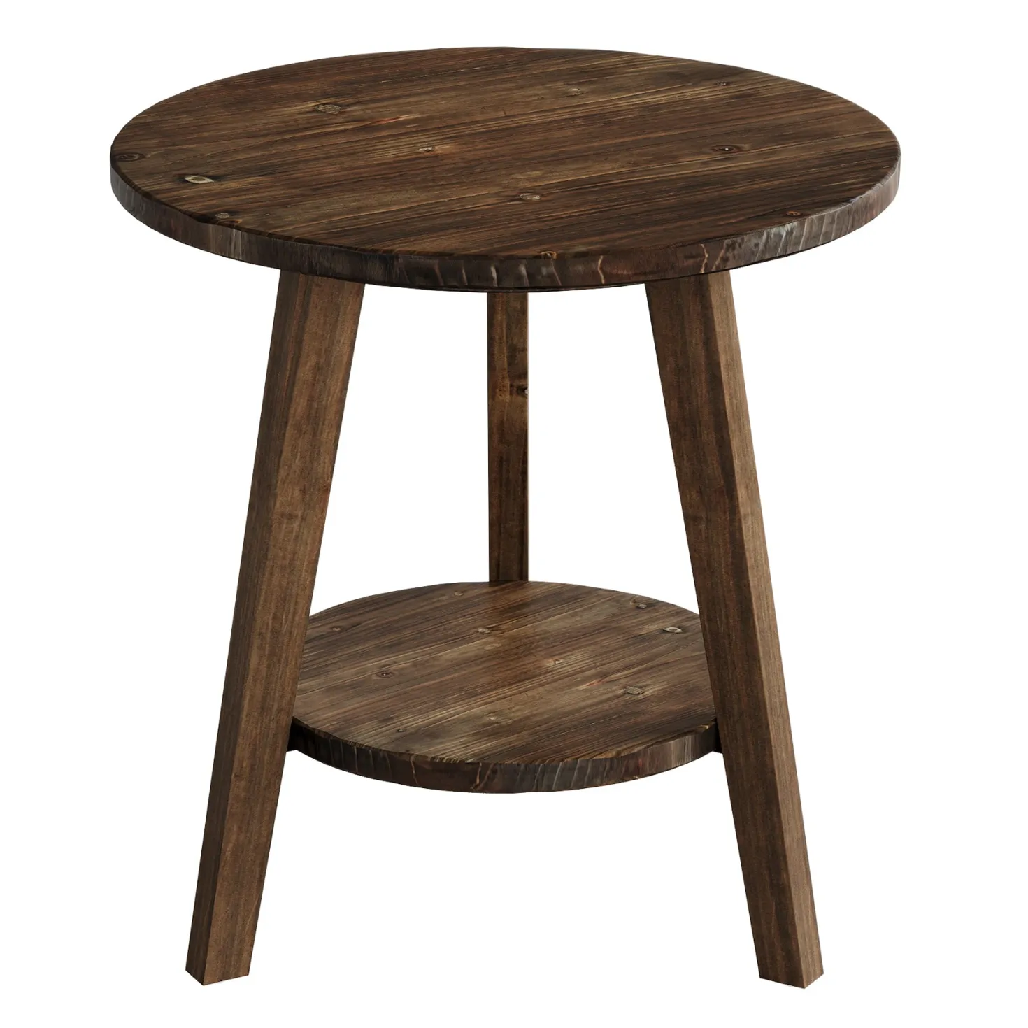 Solid Wood Round End Table, Farmhouse Sofa Side Table with Storage Shelf