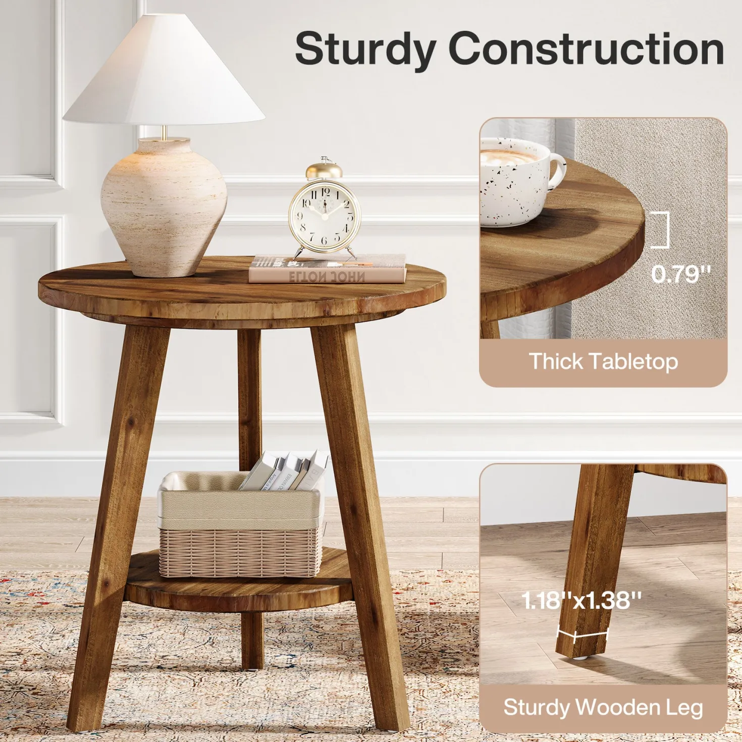 Solid Wood Round End Table, Farmhouse Sofa Side Table with Storage Shelf
