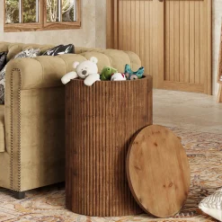 Solid Wood Round Side Table, No-Assembly Fluted End Table with Storage & 4 Wheels