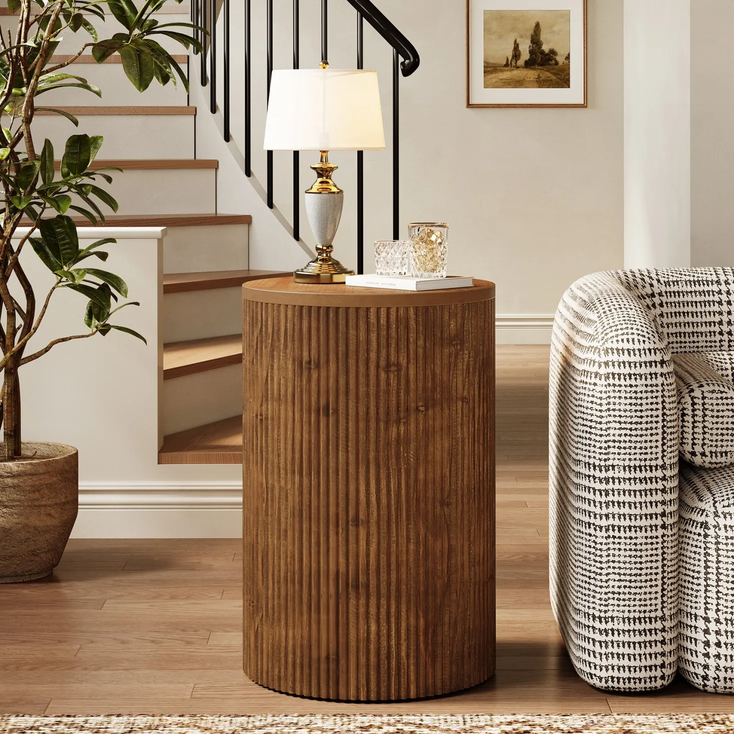 Solid Wood Round Side Table, No-Assembly Fluted End Table with Storage & 4 Wheels