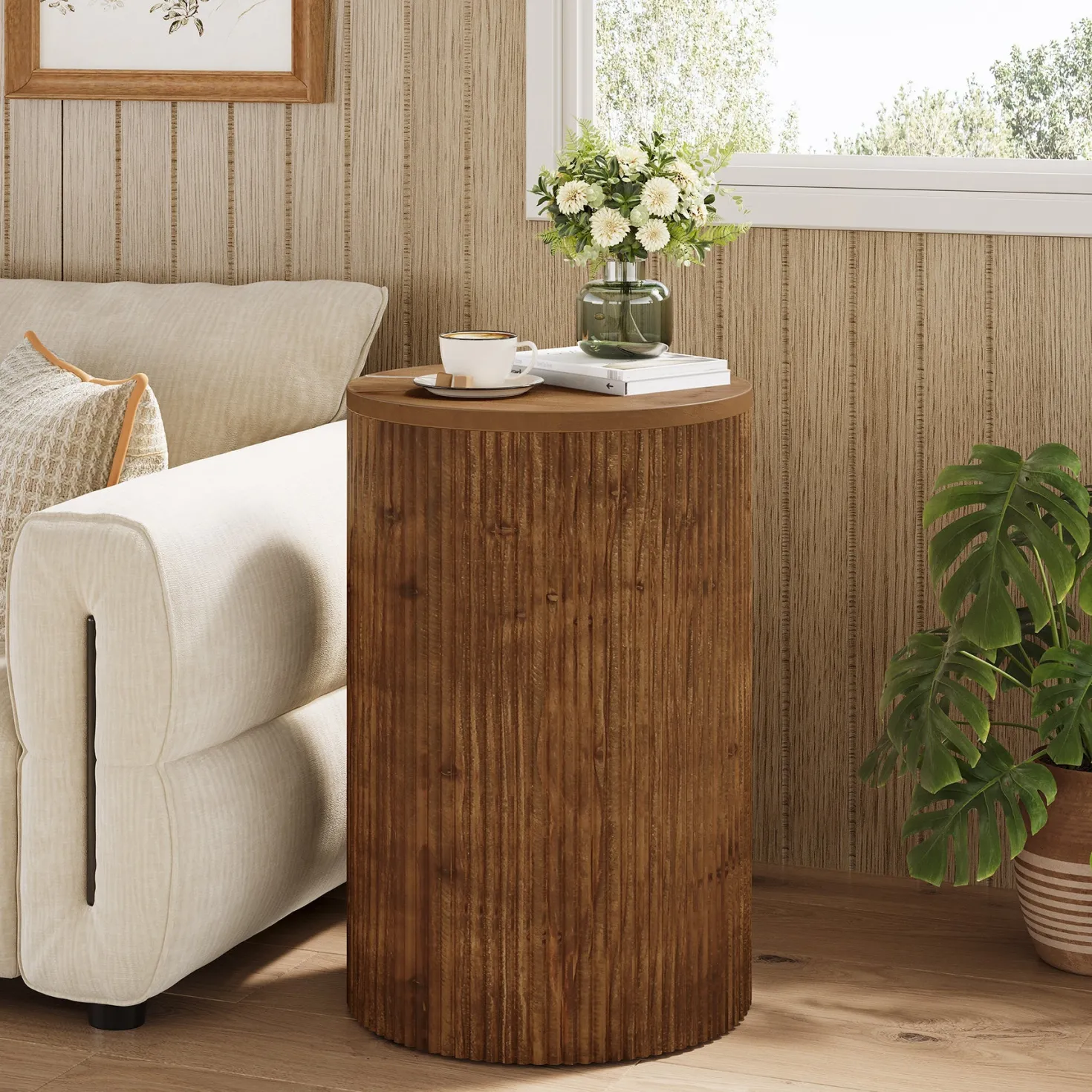 Solid Wood Round Side Table, No-Assembly Fluted End Table with Storage & 4 Wheels