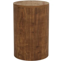 Solid Wood Round Side Table, No-Assembly Fluted End Table with Storage & 4 Wheels