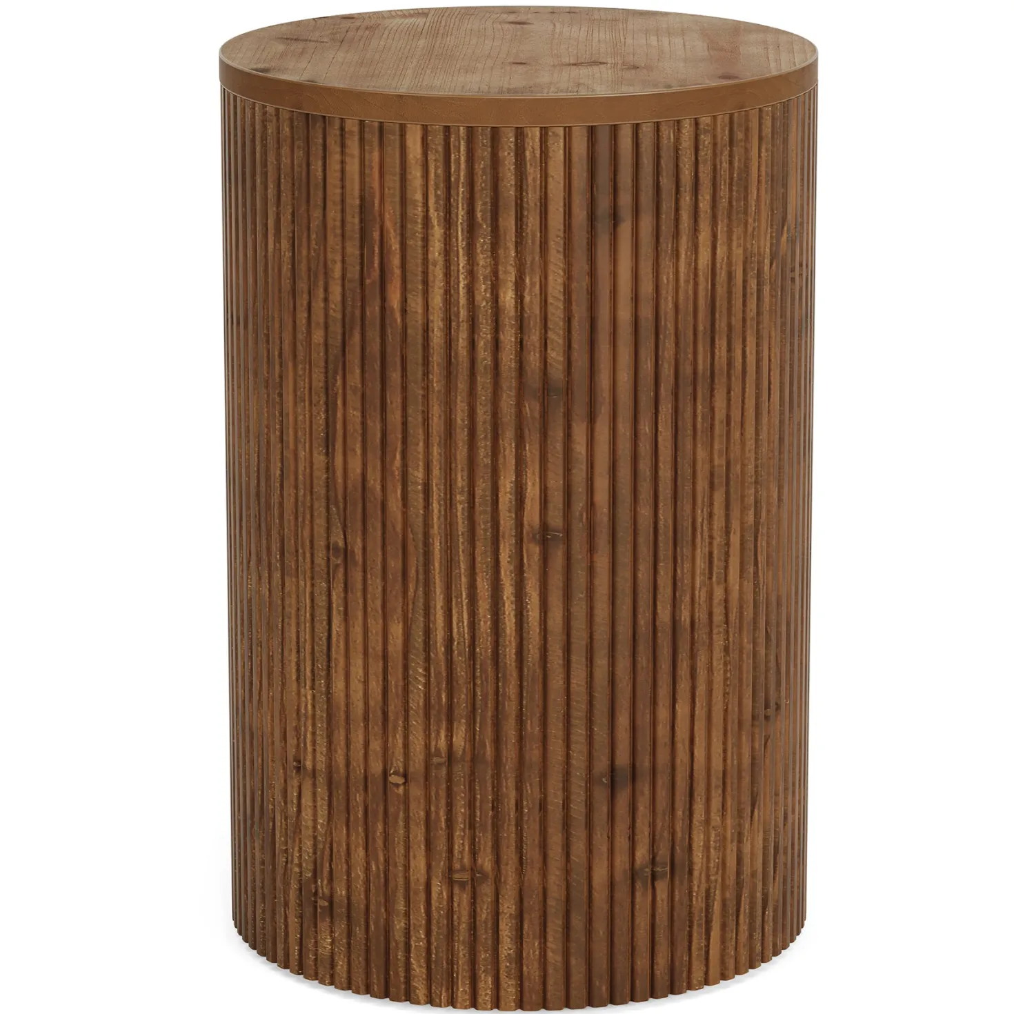 Solid Wood Round Side Table, No-Assembly Fluted End Table with Storage & 4 Wheels