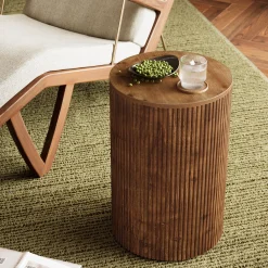 Solid Wood Round Side Table, No-Assembly Fluted End Table with Storage & 4 Wheels