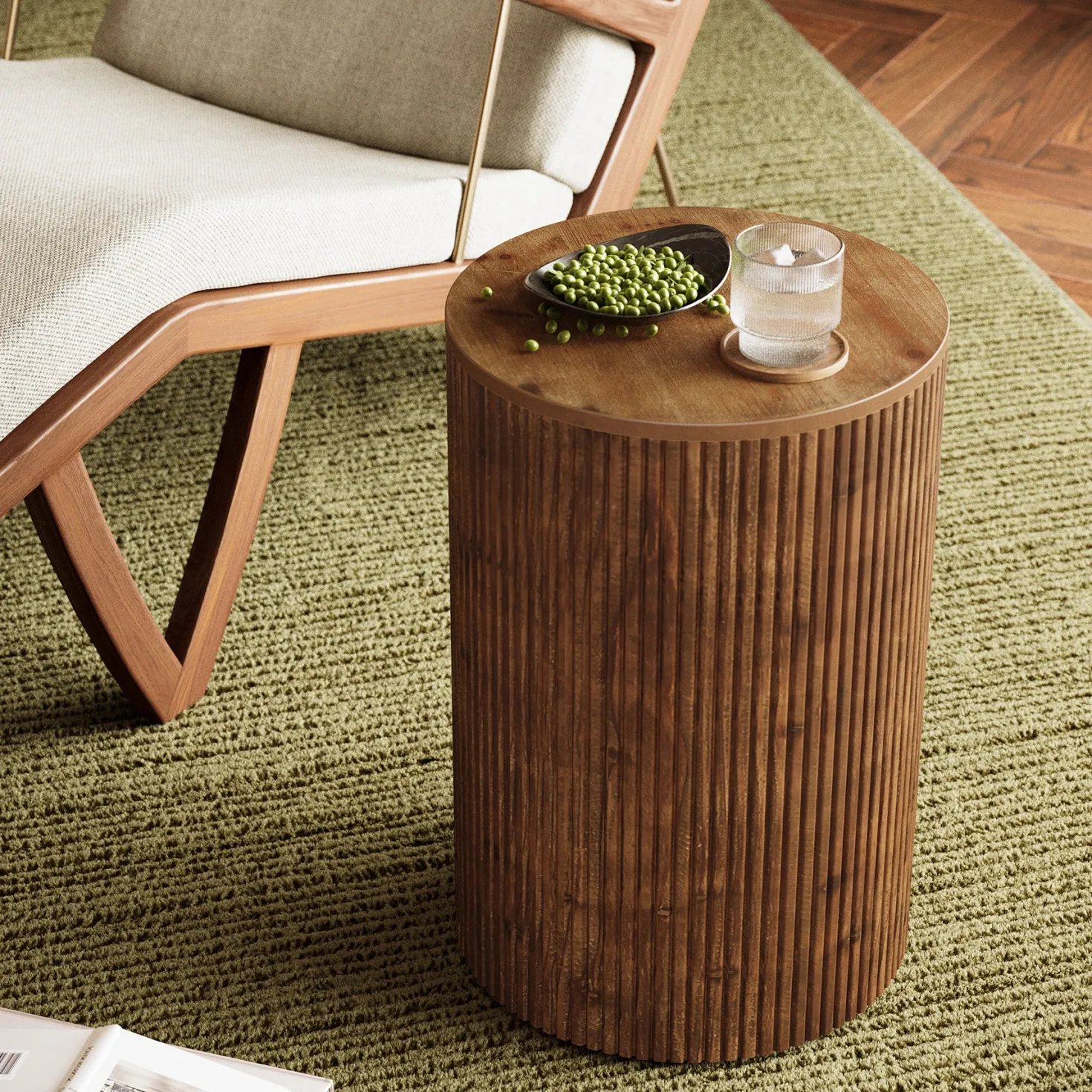 Solid Wood Round Side Table, No-Assembly Fluted End Table with Storage & 4 Wheels