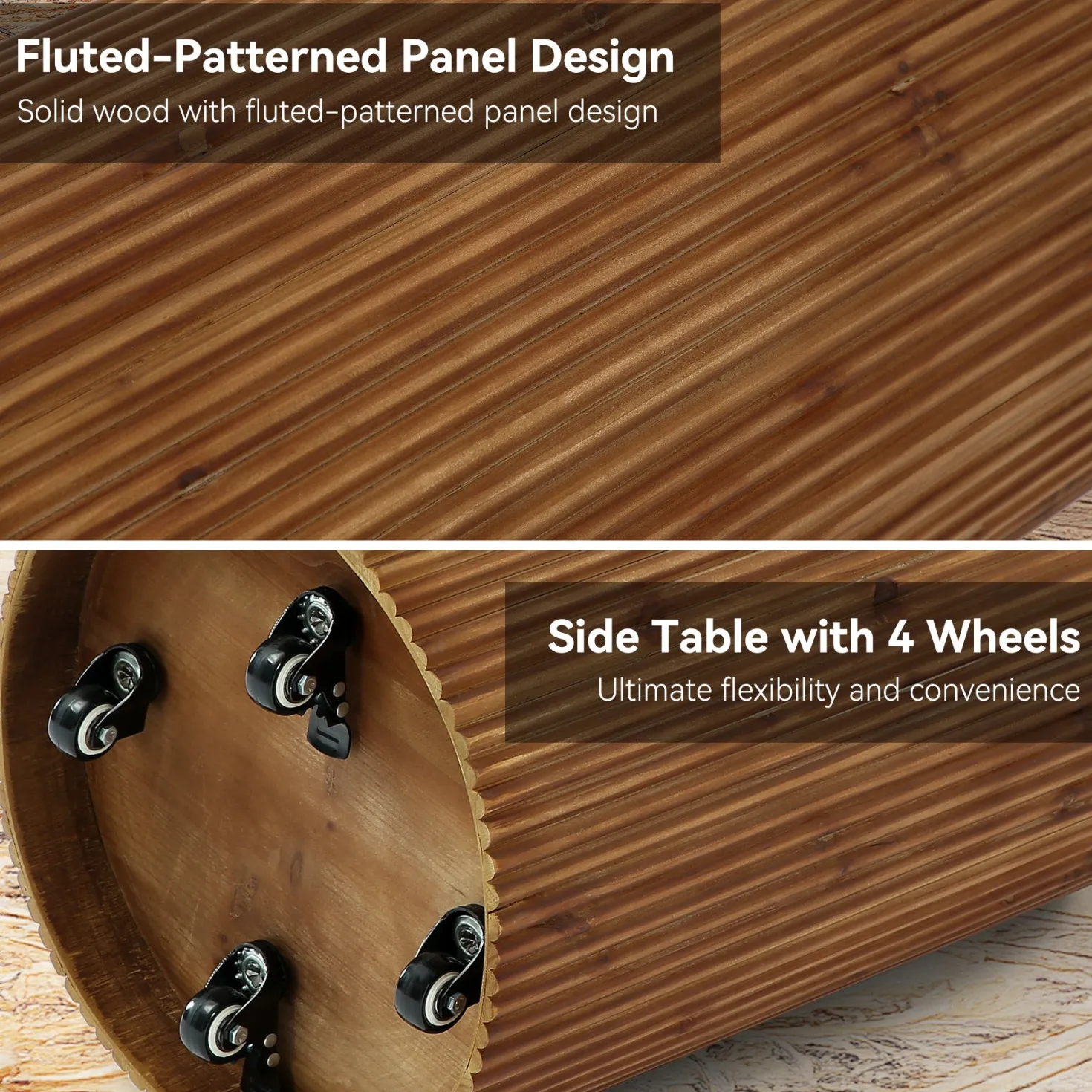 Solid Wood Round Side Table, No-Assembly Fluted End Table with Storage & 4 Wheels