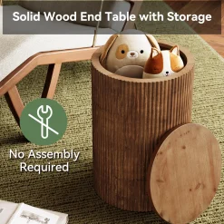 Solid Wood Round Side Table, No-Assembly Fluted End Table with Storage & 4 Wheels