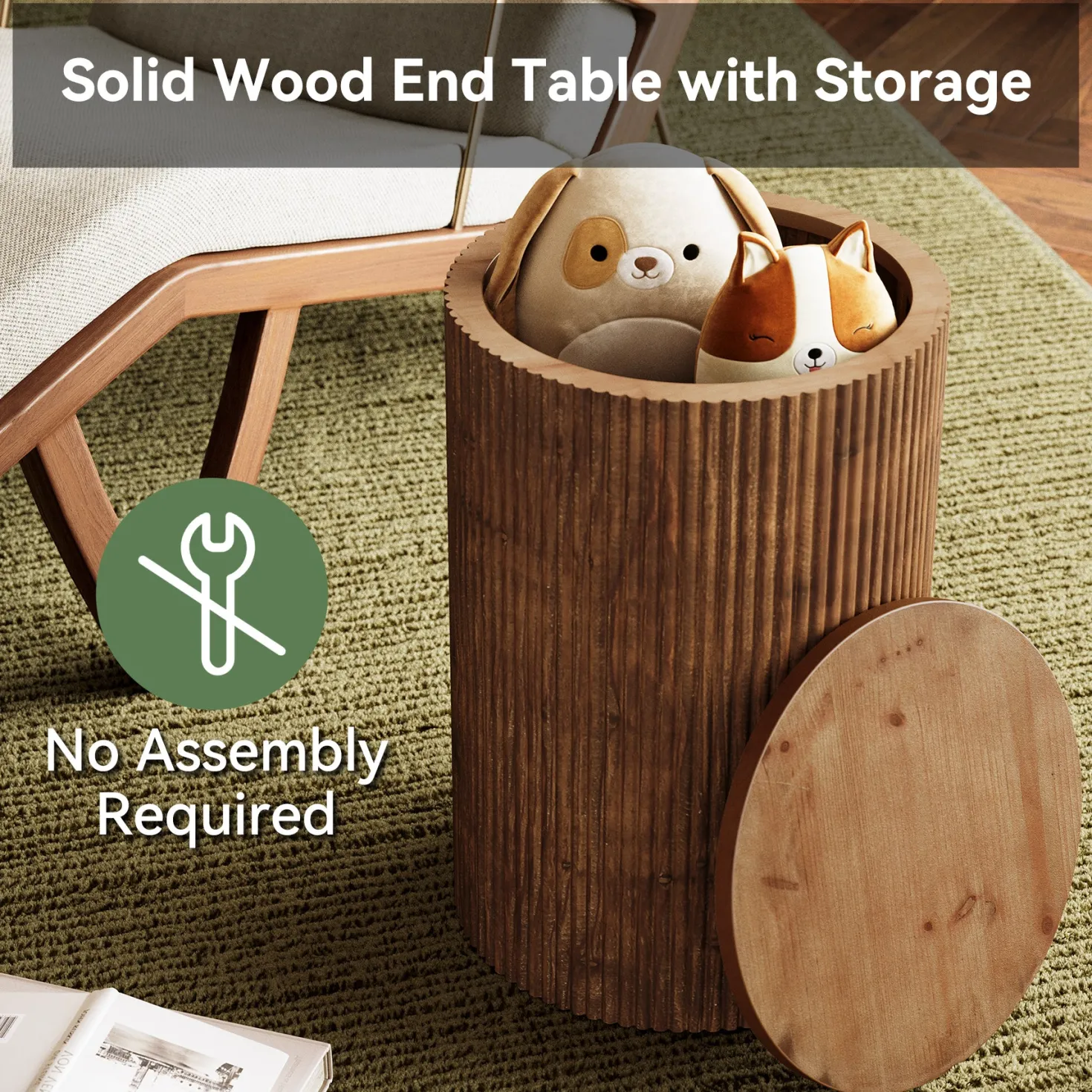 Solid Wood Round Side Table, No-Assembly Fluted End Table with Storage & 4 Wheels