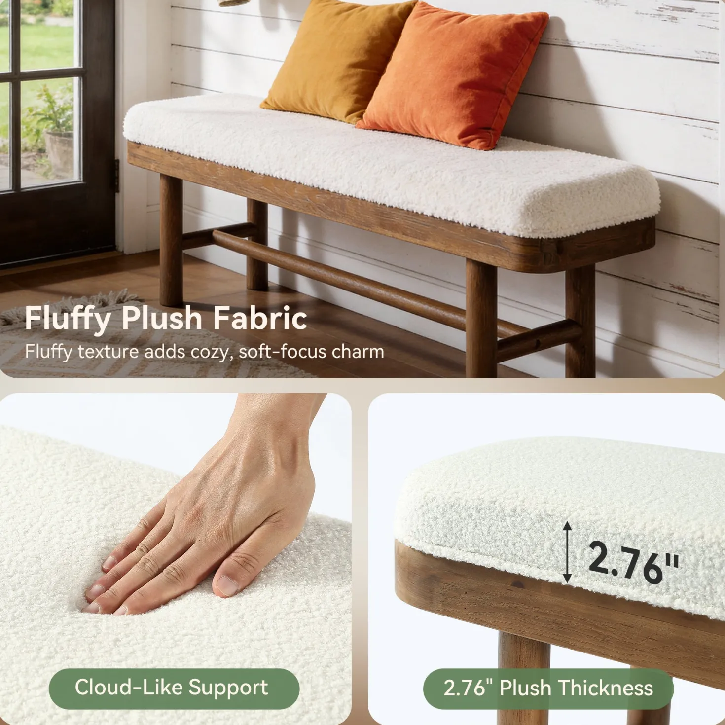 Solid Wood Shoe Bench, 55" Upholstered Entryway Bench with Removable Cushion
