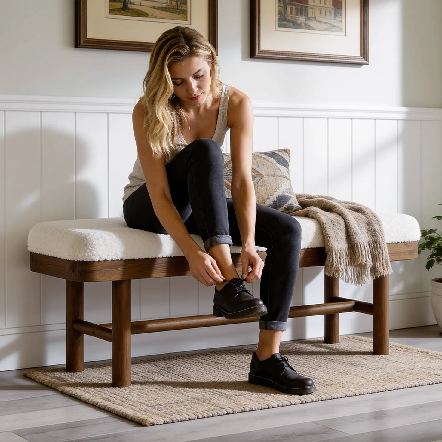 Solid Wood Shoe Bench, 55" Upholstered Entryway Bench with Removable Cushion