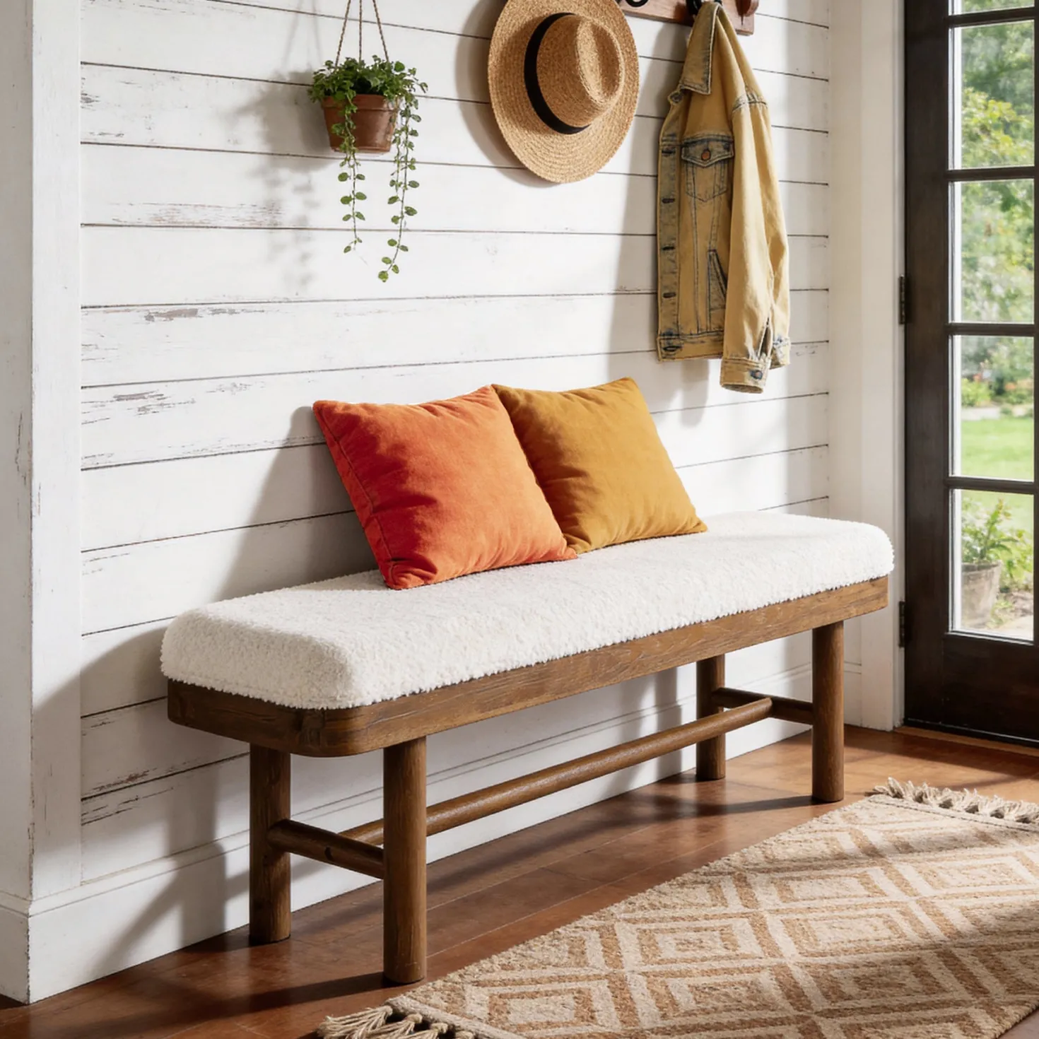 Solid Wood Shoe Bench, 55" Upholstered Entryway Bench with Removable Cushion