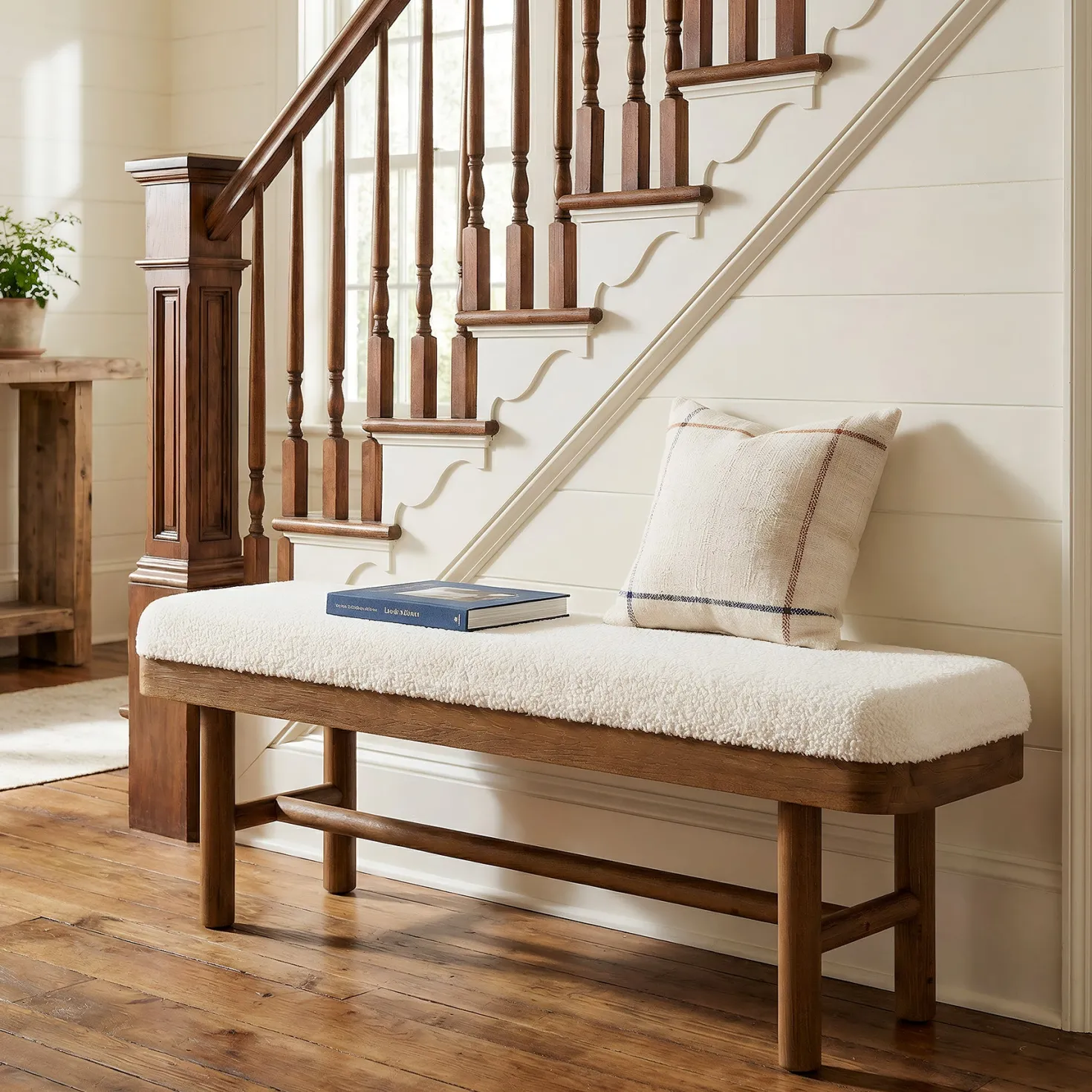 Solid Wood Shoe Bench, 55" Upholstered Entryway Bench with Removable Cushion