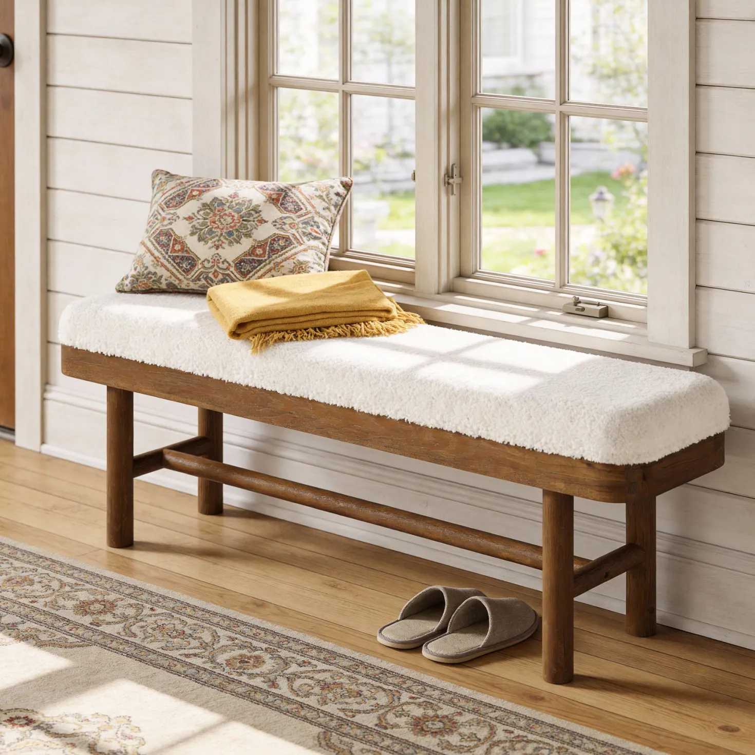 Solid Wood Shoe Bench, 55" Upholstered Entryway Bench with Removable Cushion