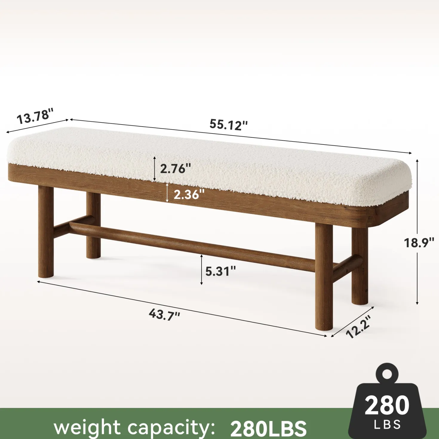 Solid Wood Shoe Bench, 55" Upholstered Entryway Bench with Removable Cushion