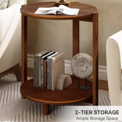 Solid Wood Side Table, 19" Round End Table with 2-Tier Storage