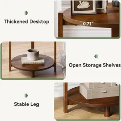 Solid Wood Side Table, 19" Round End Table with 2-Tier Storage