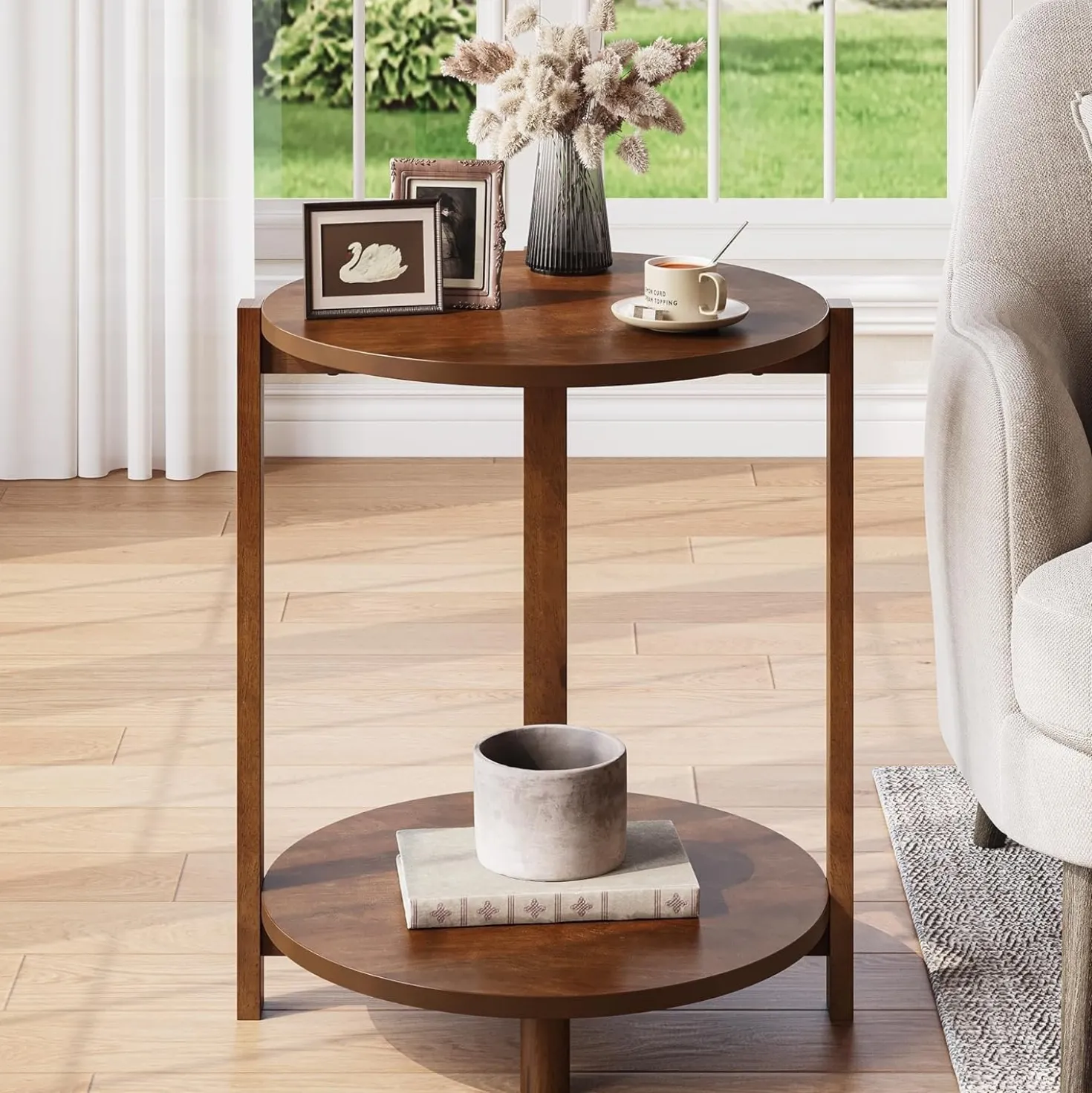 Solid Wood Side Table, 19" Round End Table with 2-Tier Storage