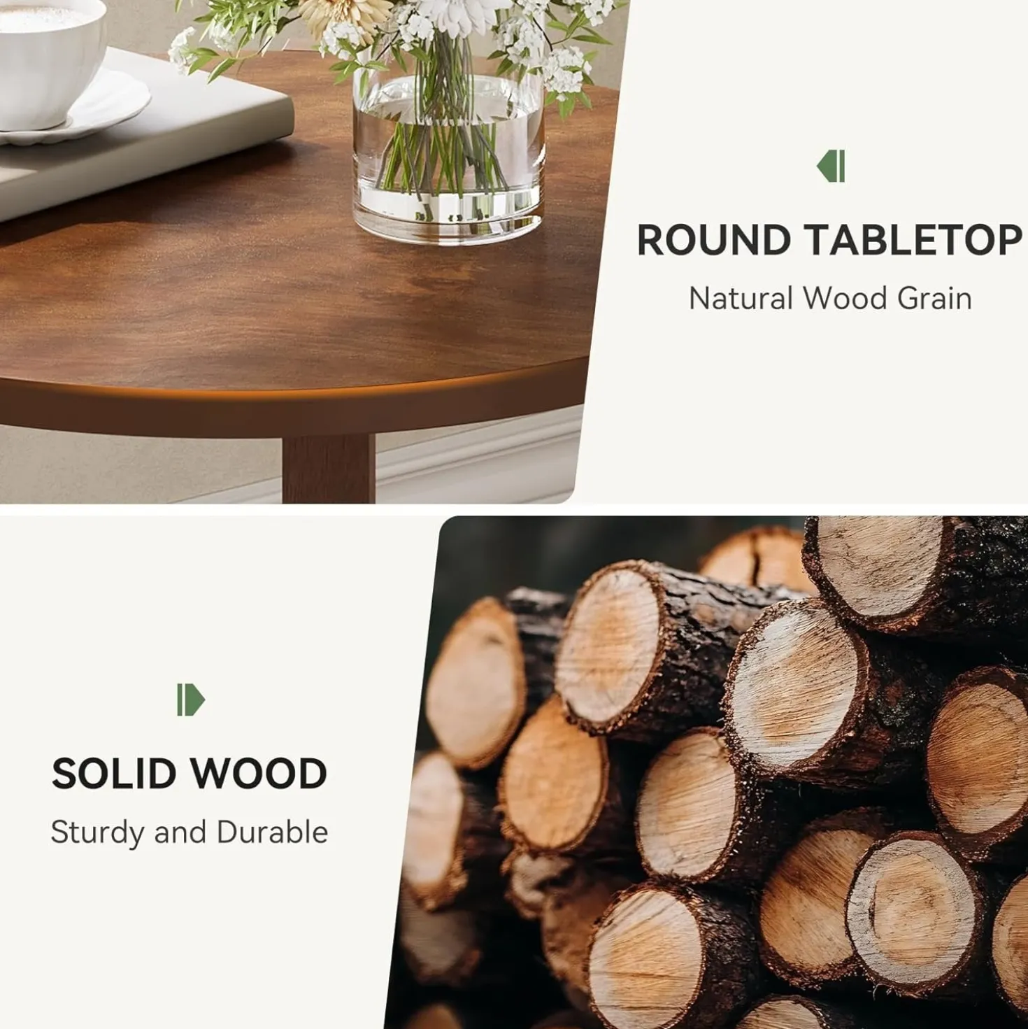 Solid Wood Side Table, 19" Round End Table with 2-Tier Storage