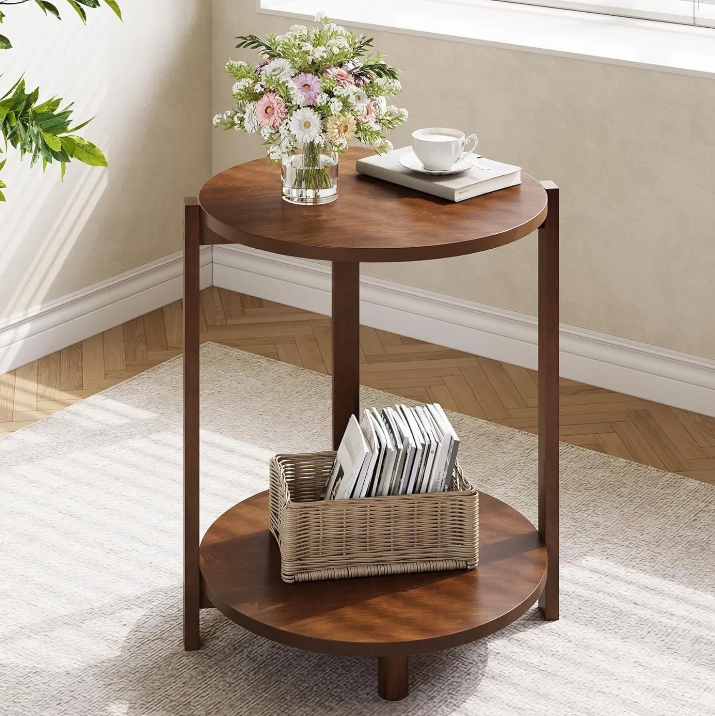 Solid Wood Side Table, 19" Round End Table with 2-Tier Storage