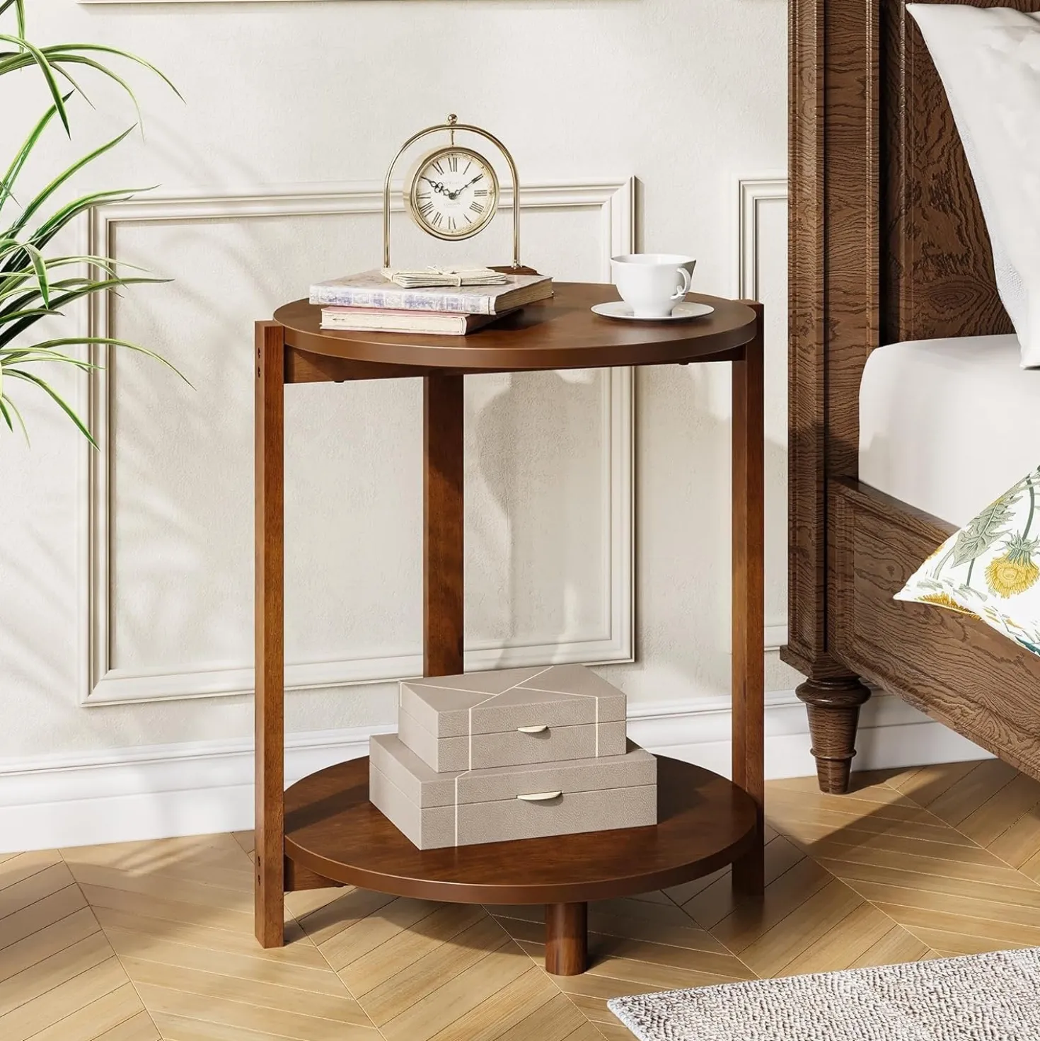 Solid Wood Side Table, 19" Round End Table with 2-Tier Storage