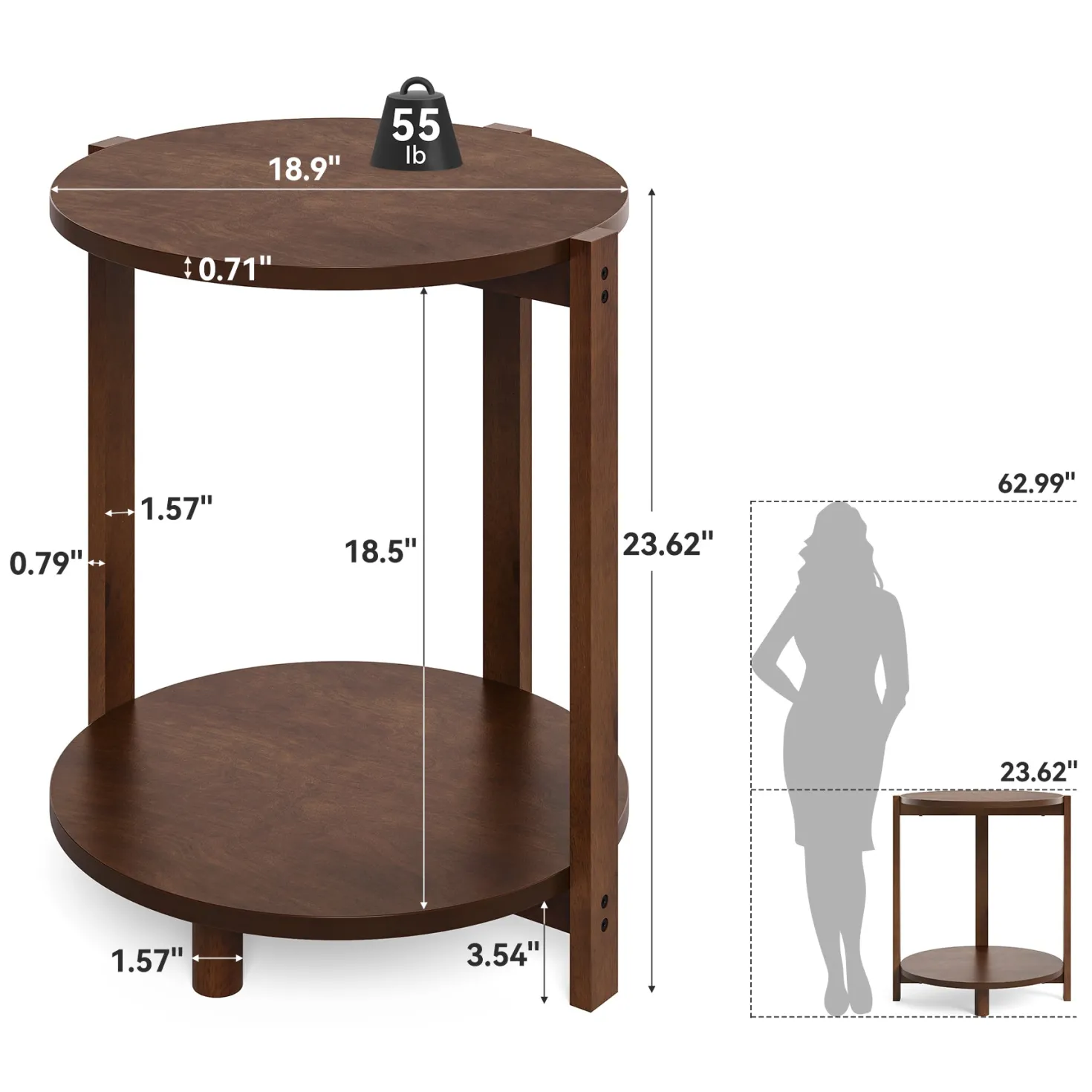 Solid Wood Side Table, 19" Round End Table with 2-Tier Storage
