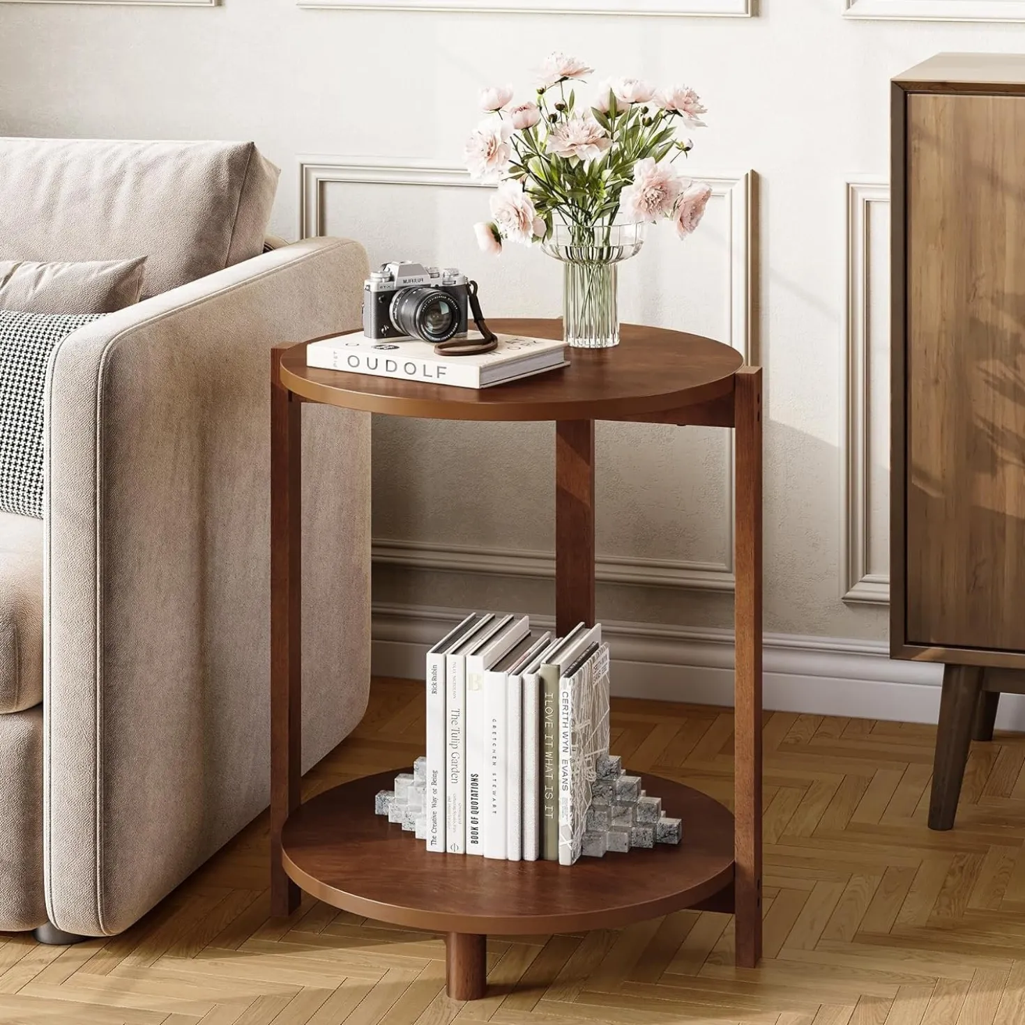 Solid Wood Side Table, 19" Round End Table with 2-Tier Storage