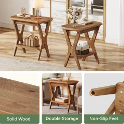 Solid Wood Side Table, 2-Tier End Table Nightstand with Storage for Living Room