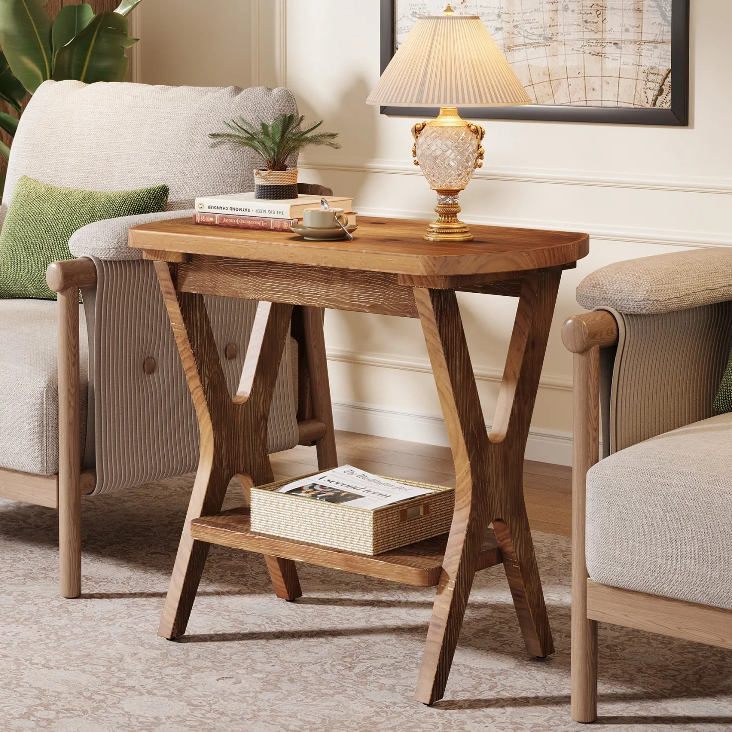 Solid Wood Side Table, 2-Tier End Table Nightstand with Storage for Living Room